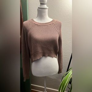 Brown cropped rib knit sweater